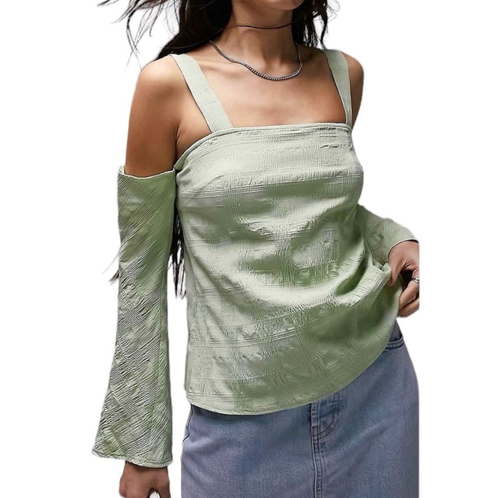 New Topshop Textured Tonal Plaid Cold Shoulder Long Sleeve Top Sage Green Size 8